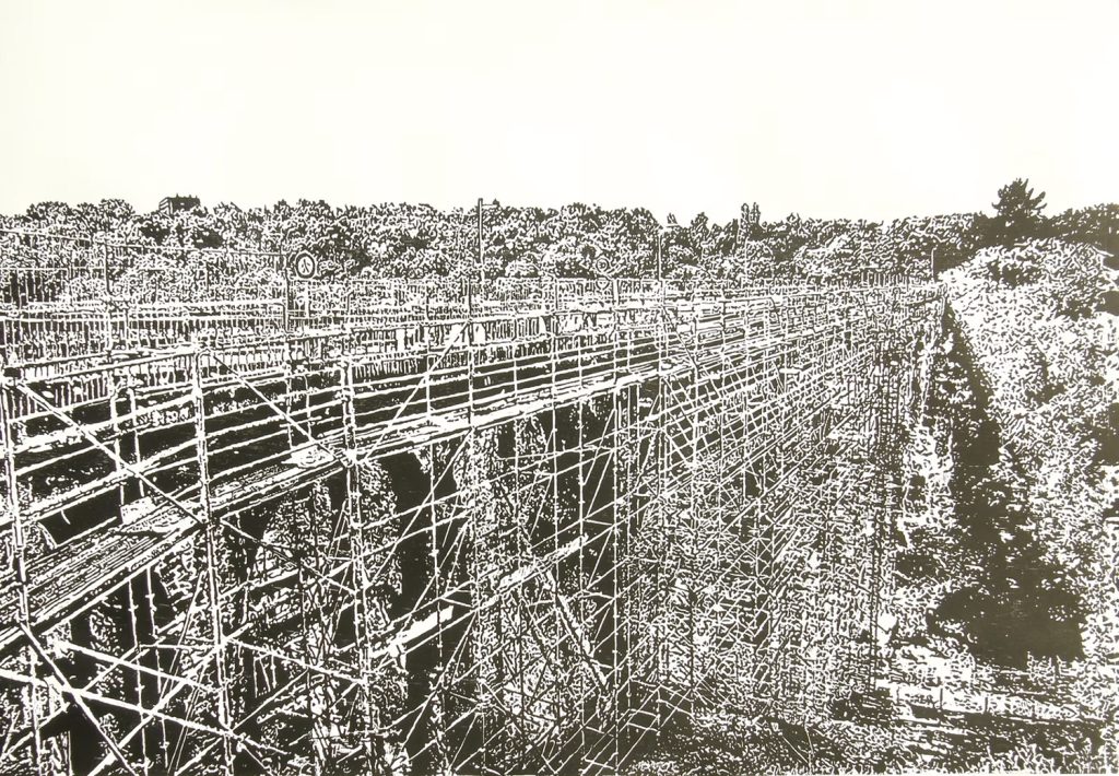 gravure de Julian Lemousy représentant un pont en bois.