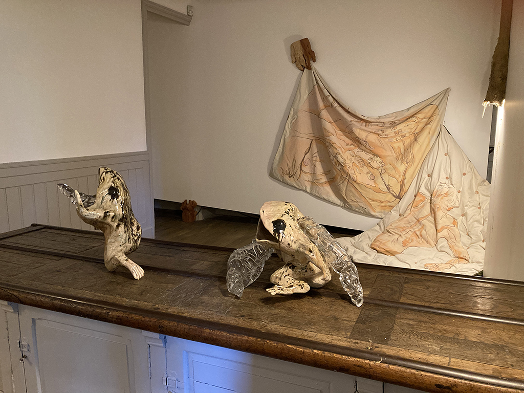 vue d'ensemble de l'exposition avec des grenouilles en ceramiques fagocitées par des sangsues en verre transparent, au fond une main en bois retient un grapd sur lequel est dessiné le corps d'un vieillard nu.