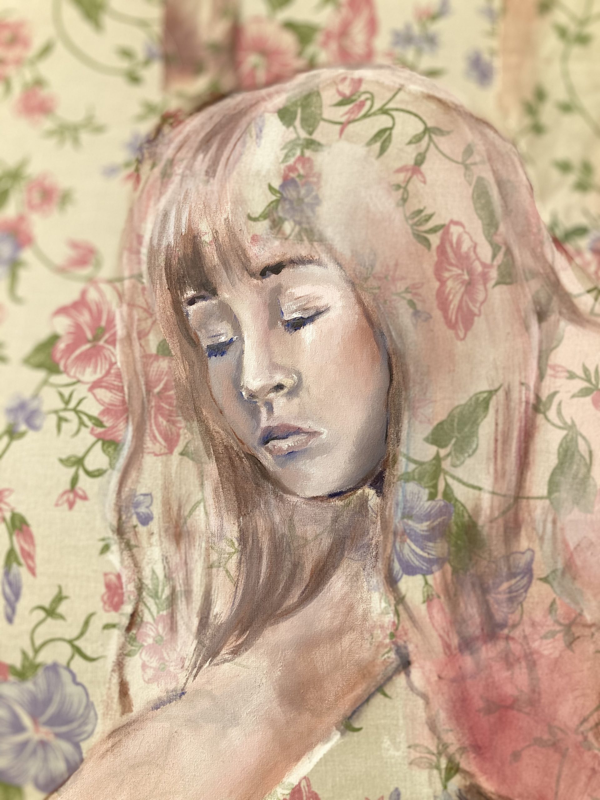Détail d'une peinture avec la figure d'une jeune fille