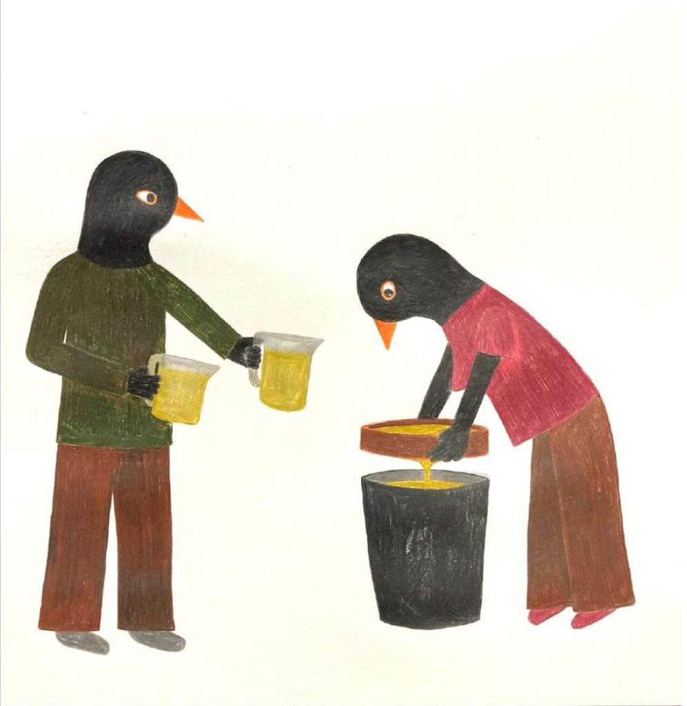 Dessin de deux oiseaux habillés comme des humains, en train de se servir à boire dans un tonneau.
