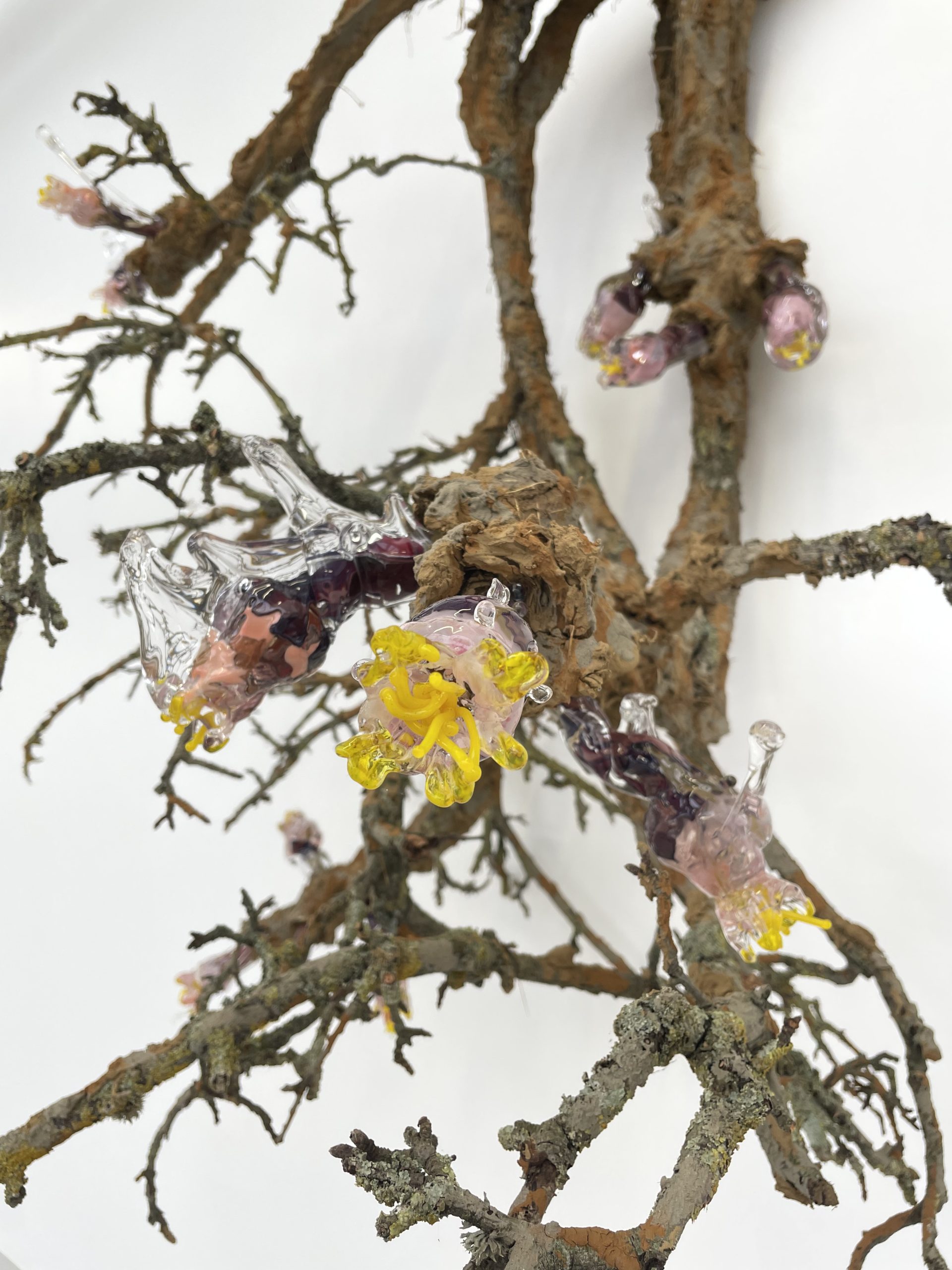 une fleur en pâte de verre jaune et rose sur des branches en bois